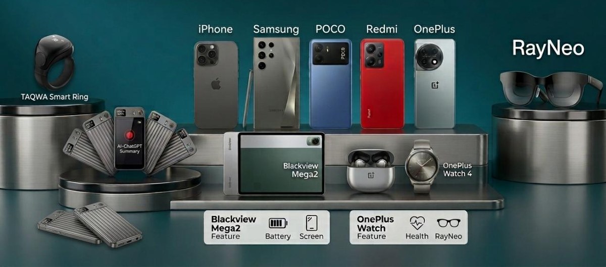 Showcase of iPhone, Samsung, POCO, Redmi, OnePlus, Blackview, RayNeo, TAQWA and AI recording products